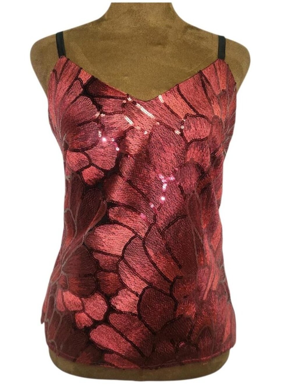 White House Black Market WHBM Red Floral Sequin Embroidered Cami Top Medium